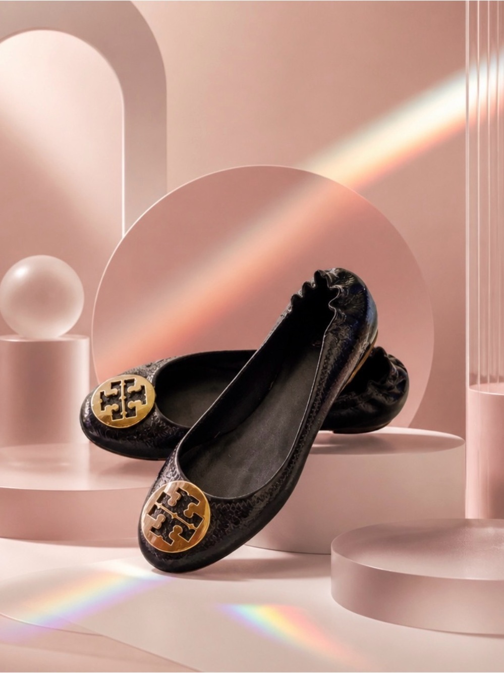 Tory Burch Black Leather Logo Round-Toe Ballet Flats with Gold Emblem